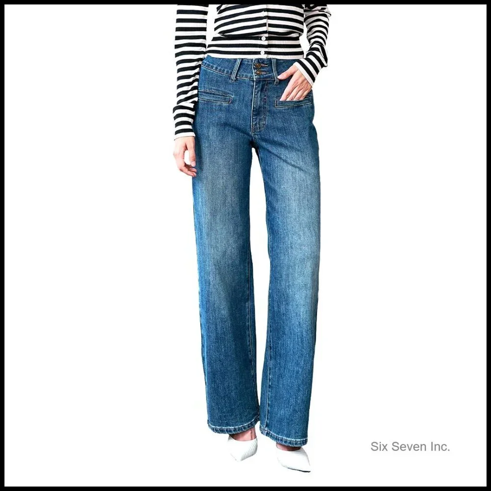 High Waisted Wide Leg Jeans Stretchy Tummy Control Relaxed Fit Trendy Denim